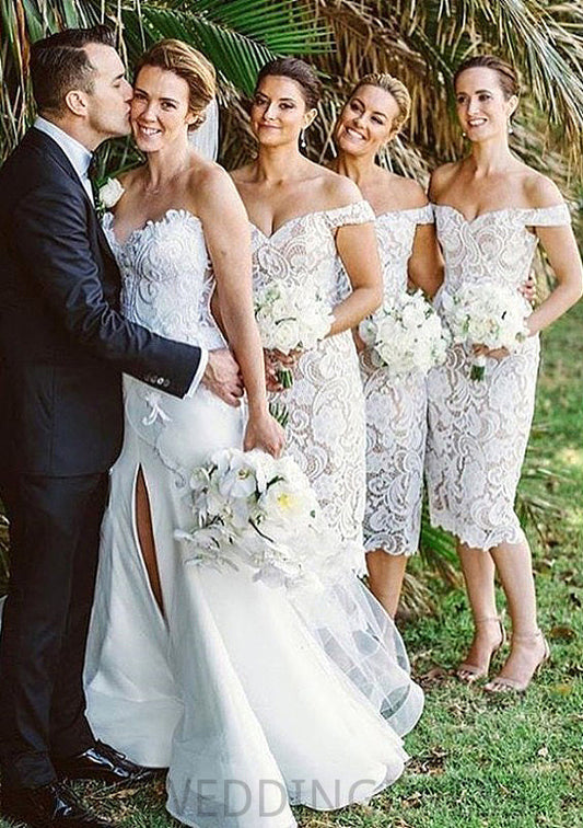Sheath/Column Off-the-Shoulder Tea-Length Sheath/Column Lace Bridesmaid Dresseses With Split Eve DSP0025601