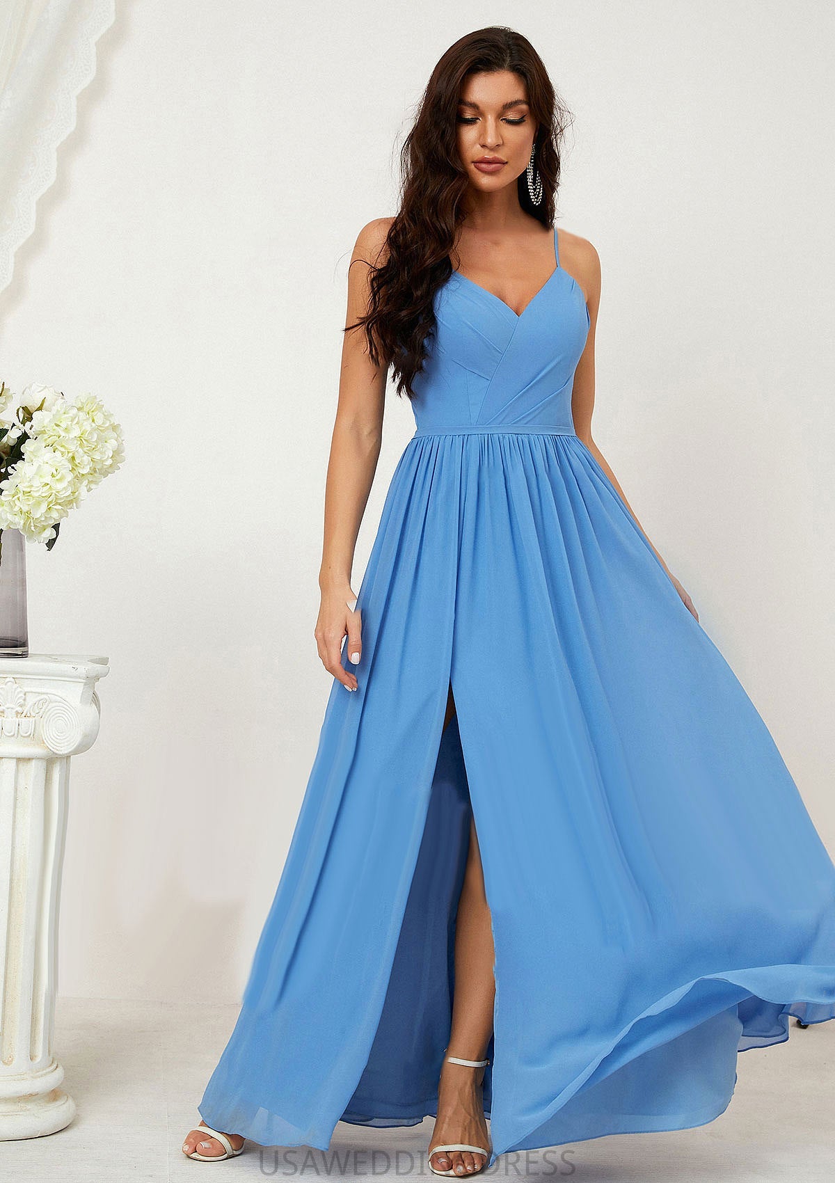 A-line V Neck Sleeveless Chiffon Long/Floor-Length Bridesmaid Dresses With Pleated Split Ariana DSP0025609