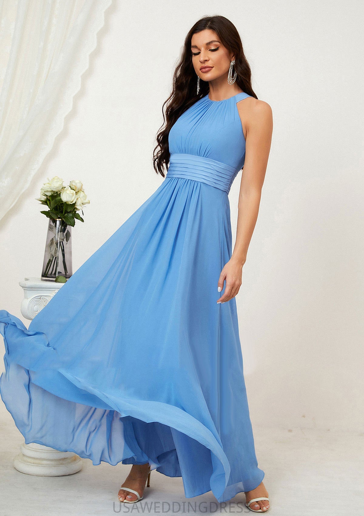 A-line Halter Sleeveless Chiffon Long/Floor-Length Bridesmaid Dresses With Pleated Kyleigh DSP0025610