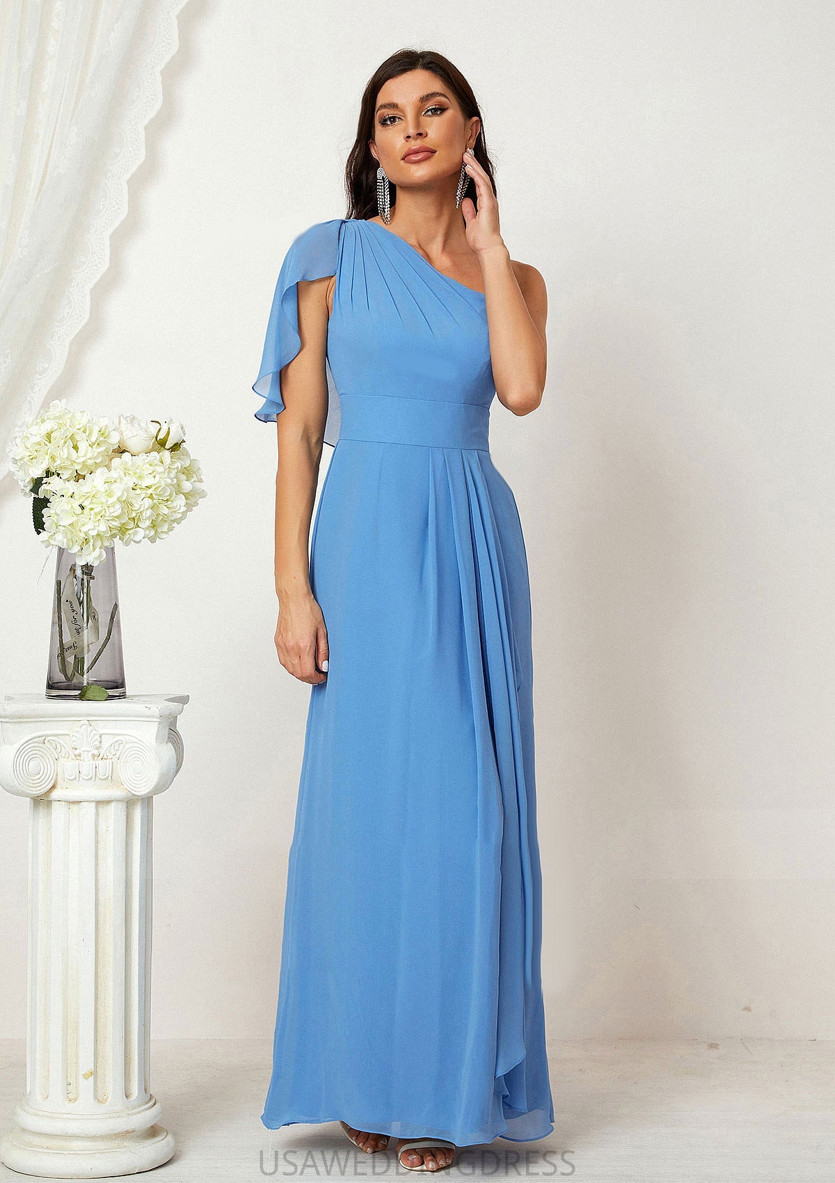 A-line One-Shoulder Sleeveless Chiffon Long/Floor-Length Bridesmaid Dresses With Pleated Split Makena DSP0025613