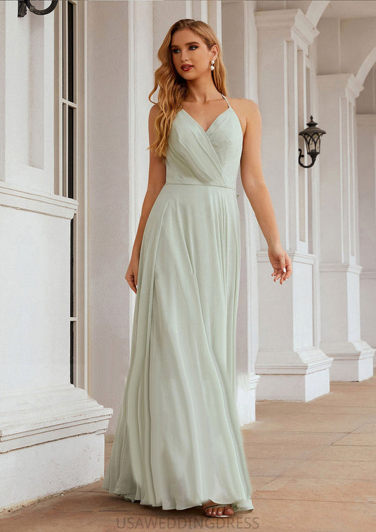 A-line Halter Sleeveless Chiffon Long/Floor-Length Bridesmaid Dresses With Pleated Ruffles Ryann DSP0025623