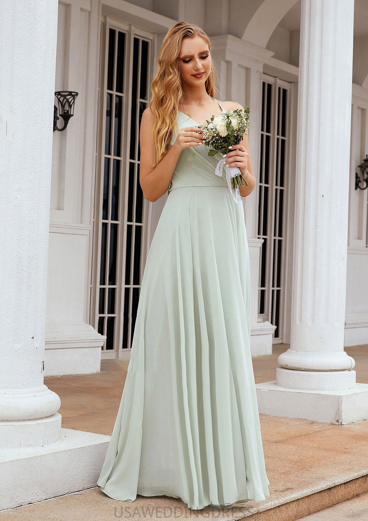 A-line Halter Sleeveless Chiffon Long/Floor-Length Bridesmaid Dresses With Pleated Ruffles Ryann DSP0025623