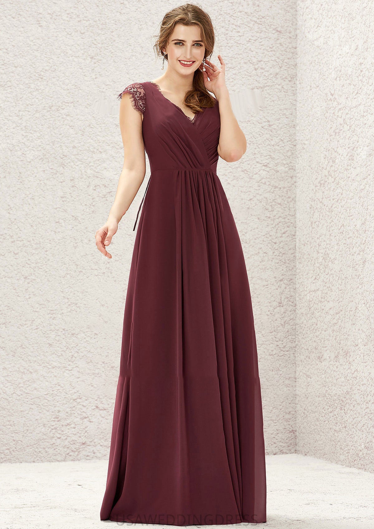 A-line V Neck Sleeveless Chiffon Long/Floor-Length Bridesmaid Dresses With Pleated Lace Liz DSP0025627