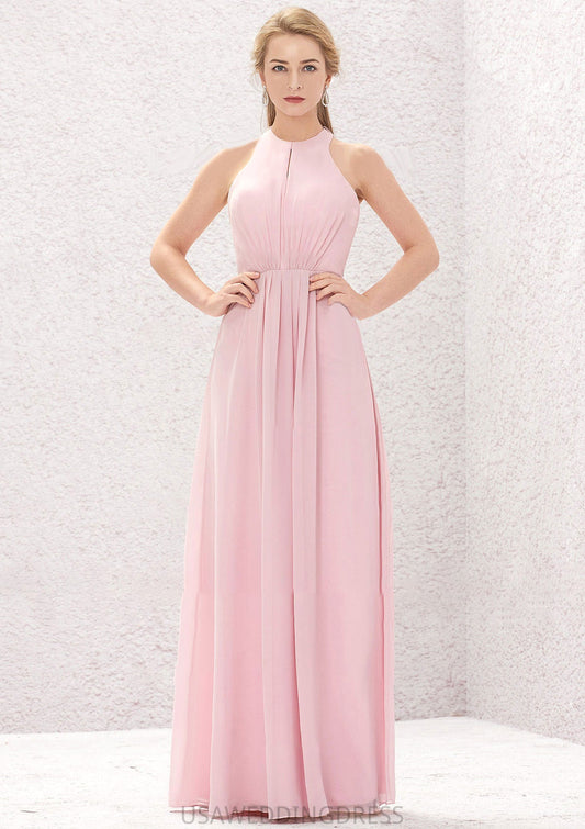 A-line Halter Sleeveless Chiffon Long/Floor-Length Bridesmaid Dresses With Pleated Taryn DSP0025634
