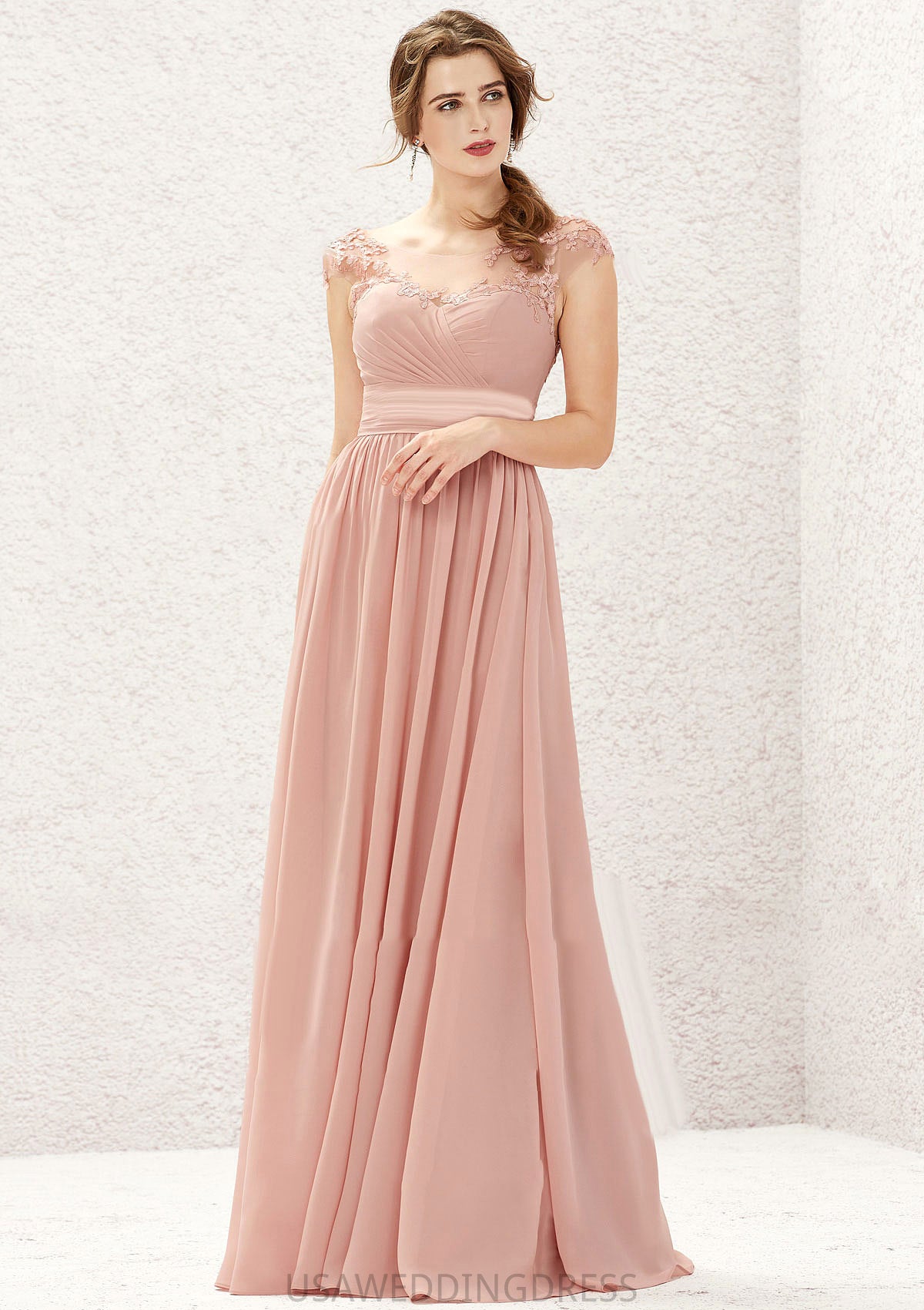 A-line Illusion Neck Sleeveless Chiffon Long/Floor-Length Bridesmaid Dresses With Appliqued Pleated Gianna DSP0025636