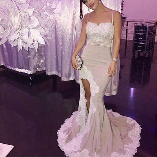 Spaghetti White Lace Sexy Mermaid Side Slit Popular Cheap Prom Dresses Bridesmaid Dress RS688