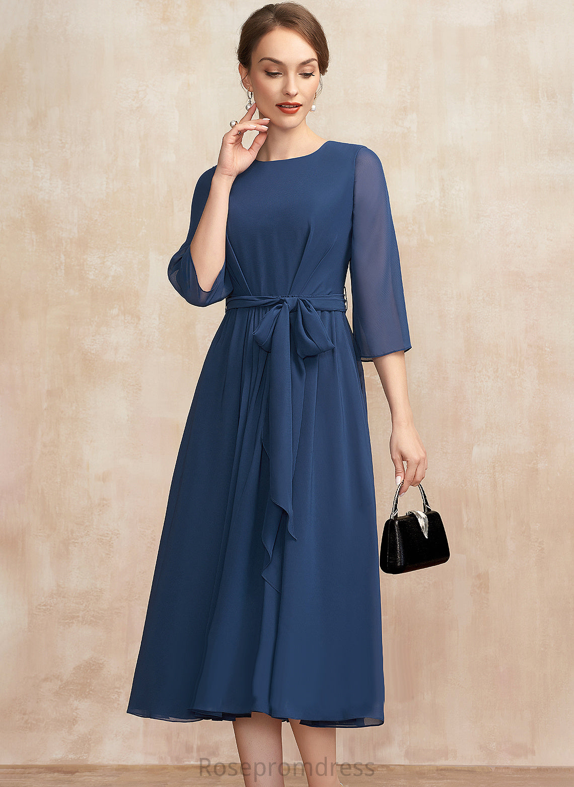 Mother of the Bride Dresses of Tea-Length Ruffle the Scoop With Chiffon Neck Bride Bow(s) Dress Mother Kaitlyn A-Line