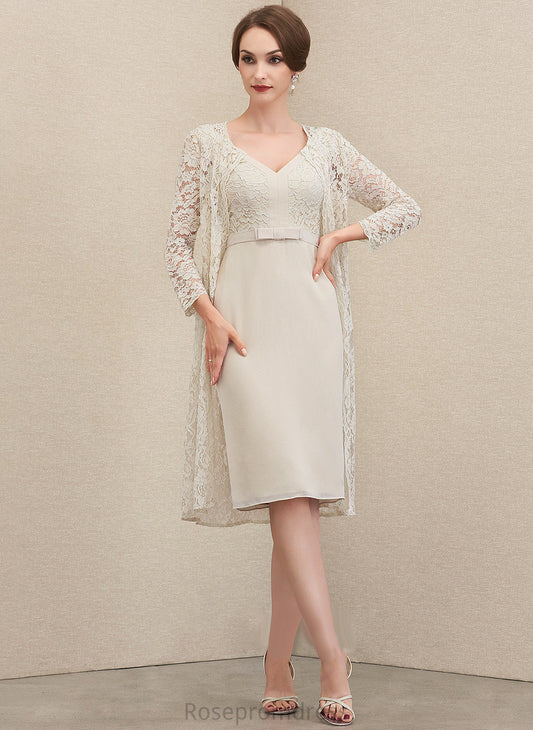 Bow(s) Dress Mother of the Bride Dresses Mother Lace With of the V-neck Chiffon Bride Minnie Knee-Length Sheath/Column