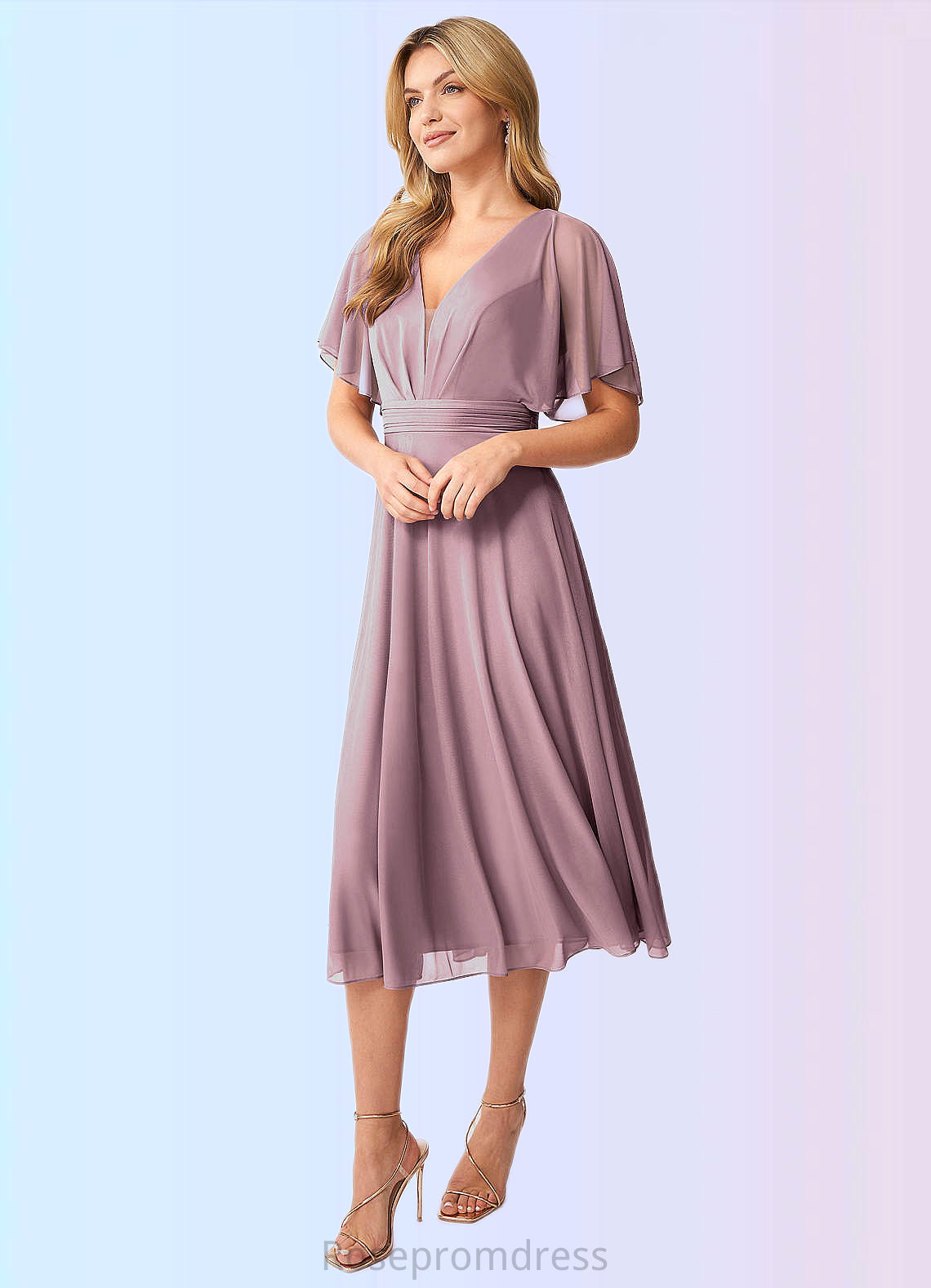 Aurora A-Line Pleated Mesh Tea-Length Dress SRSP0019703
