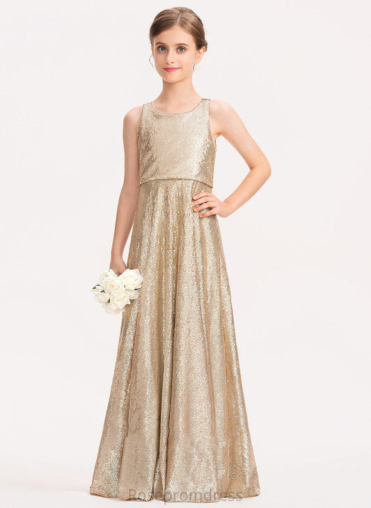 Janet A-Line Junior Bridesmaid Dresses Sequined Neck Floor-Length Scoop