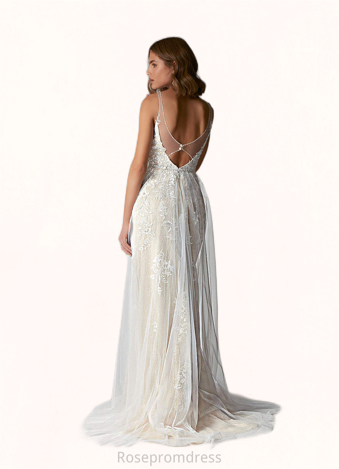 Angeline A-Line Sequins Lace Sweep Train Dress SRSP0020106