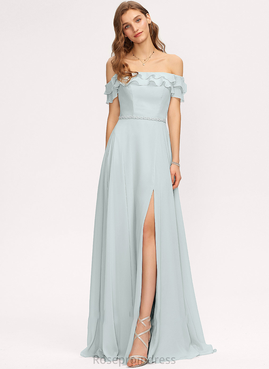 Off-the-Shoulder Neckline Fabric SplitFront CascadingRuffles Silhouette Embellishment Floor-Length A-Line Length Beading Harriet Bridesmaid Dresses