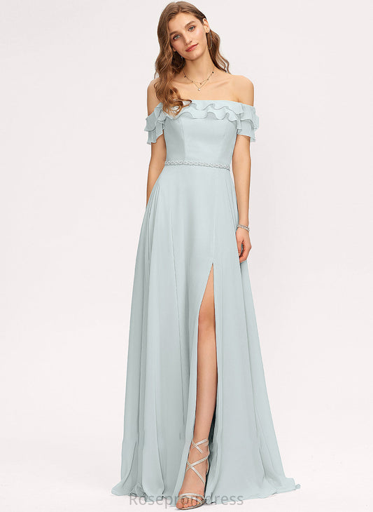 Off-the-Shoulder Neckline Fabric SplitFront CascadingRuffles Silhouette Embellishment Floor-Length A-Line Length Beading Harriet Bridesmaid Dresses