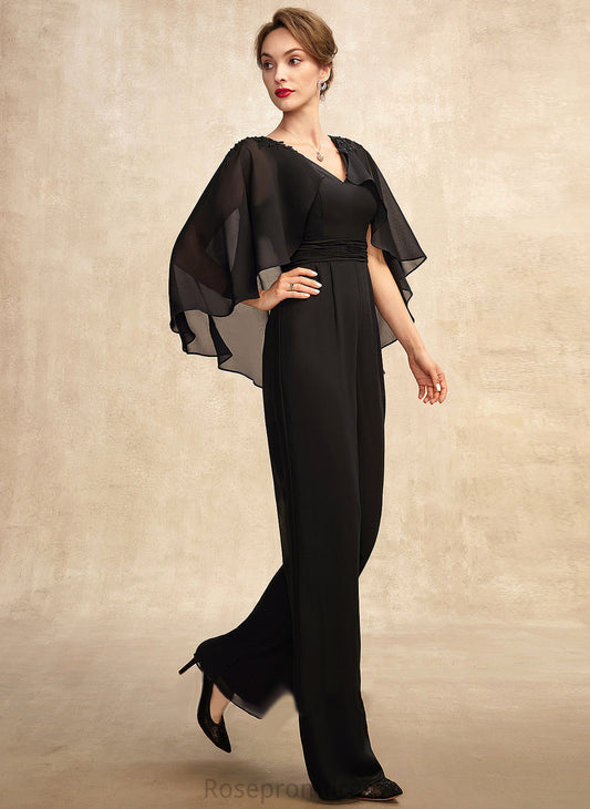 Mother of the Bride Dresses of Mother Lace Sequins Ruffle V-neck Chiffon Helena the Jumpsuit/Pantsuit Floor-Length Beading With Dress Bride Appliques