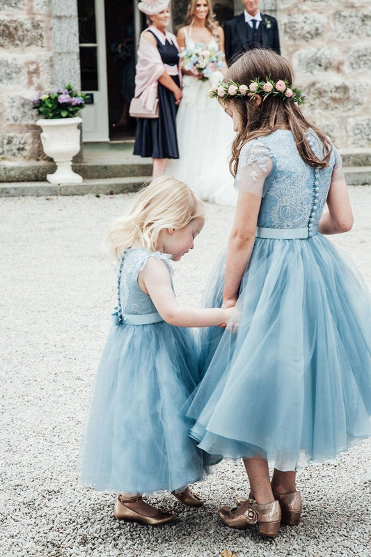 A-Line Mid-Calf Blue Lace Top Tulle Scoop Sleeveless Cheap Junior Flower Girl Dress RS528