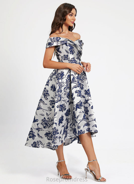 A-Line Asymmetrical With Cocktail Off-the-Shoulder Dress Satin Cocktail Dresses Flower(s) Addyson