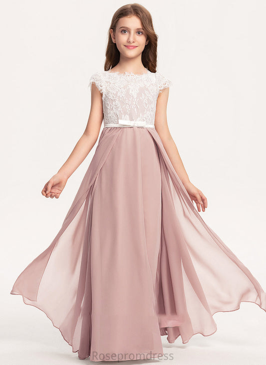Neck Scoop Junior Bridesmaid Dresses Chiffon Lace Natalie A-Line Floor-Length Bow(s) With