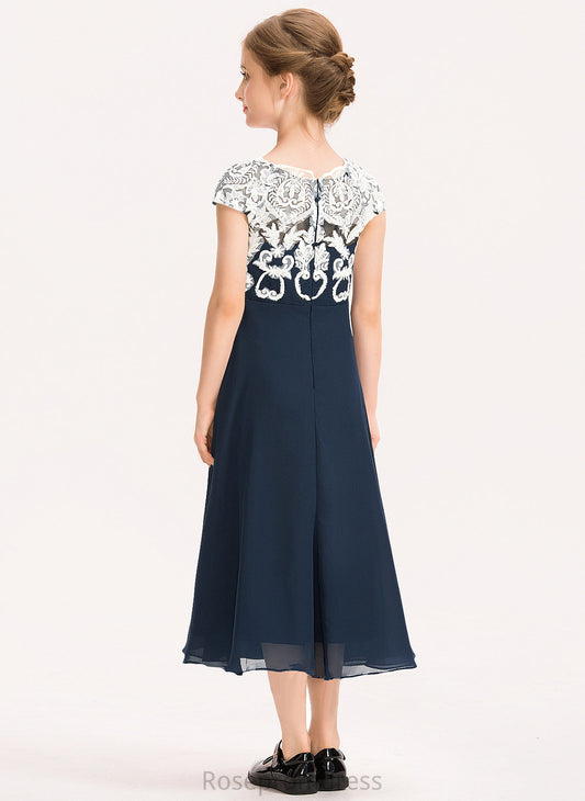 A-Line Junior Bridesmaid Dresses Tea-Length Chiffon Neck Scoop Martina Lace