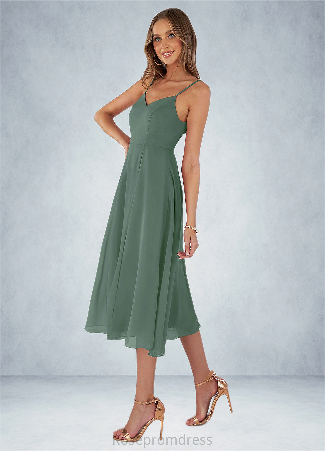 Sage A-Line Chiffon Tea-Length Dress SRSP0019628