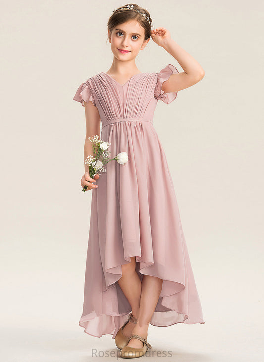 Angelica V-neck Asymmetrical Junior Bridesmaid Dresses Bow(s) Chiffon Ruffles A-Line Cascading With
