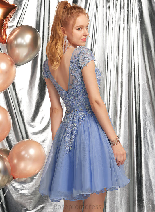 A-Line Neck Scoop Kira Short/Mini Beading Dress Tulle With Appliques Homecoming Lace Homecoming Dresses Lace