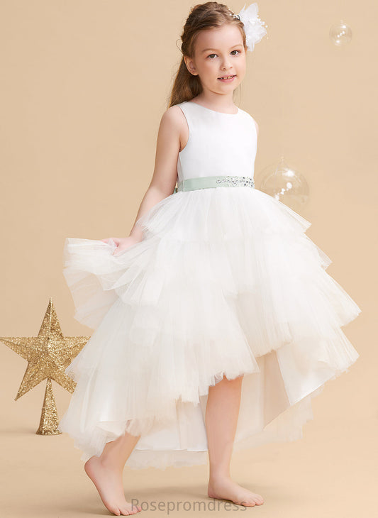 Flower Girl Dresses sash) Valentina Tulle Neck Asymmetrical Dress Scoop Sleeveless Flower With Ball-Gown/Princess (Detachable Sash/Beading Girl -