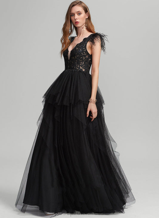 Prom Dresses Sequins V-neck Ball-Gown/Princess Feather Floor-Length Tulle With Elva
