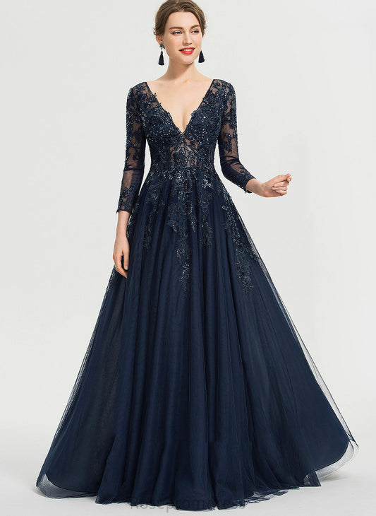 Prom Dresses Floor-Length Sequins Kaylin Tulle With V-neck A-Line