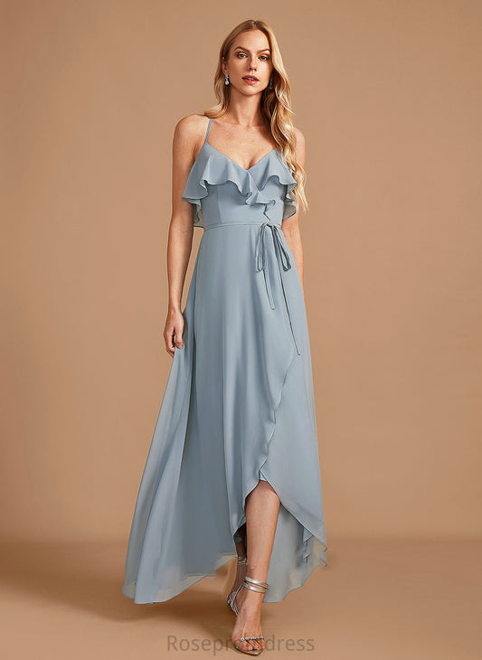 Fabric Embellishment Silhouette Asymmetrical A-Line V-neck Ruffle Length Neckline Aleena Scoop Sleeveless Bridesmaid Dresses