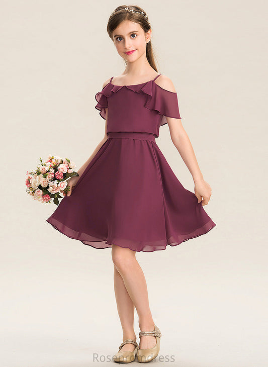 Chiffon Off-the-Shoulder Junior Bridesmaid Dresses A-Line With Ruffles Bow(s) Knee-Length Cascading Aurora