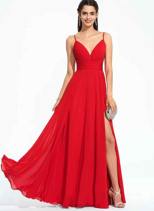 Olga A-Line Chiffon V-neck Prom Dresses Floor-Length Ruffle With