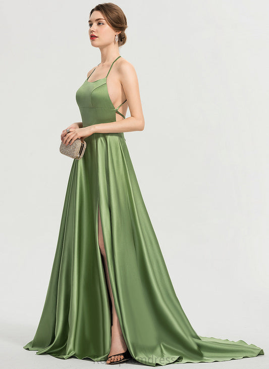 Satin Scoop Marcia A-Line Sweep Train Prom Dresses