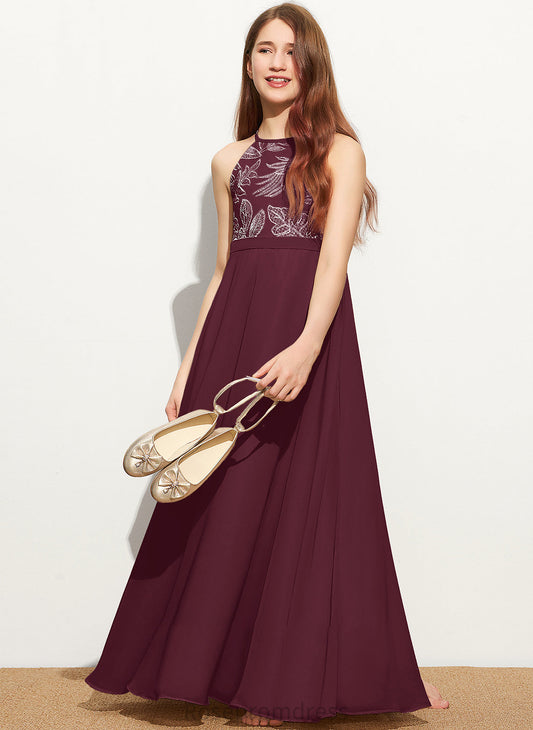 Floor-Length Neck Scoop Chiffon With A-Line Bow(s) Junior Bridesmaid Dresses Lace Laney