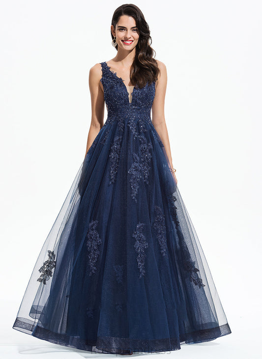 Prom Dresses Tulle Floor-Length Arianna A-Line Sequins With V-neck Lace