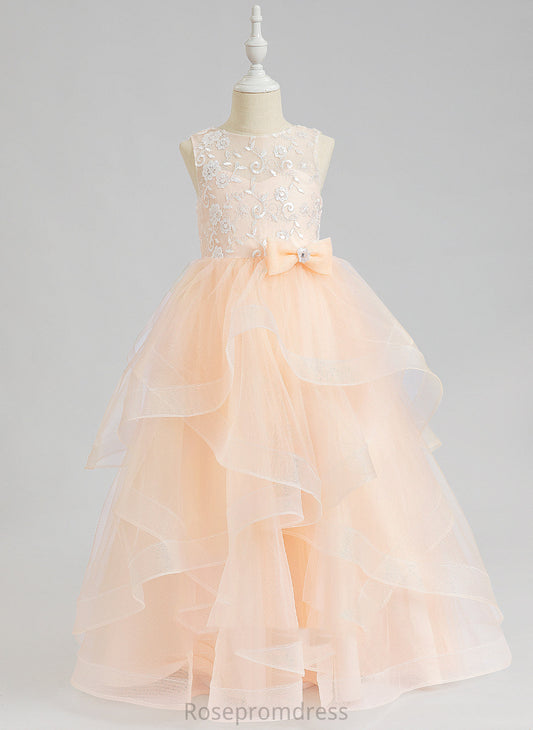 Lola Sleeveless Scalloped Neck Girl Floor-length Dress Ball-Gown/Princess Back Lace/Flower(s)/Bow(s)/V Flower Girl Dresses Flower With Tulle