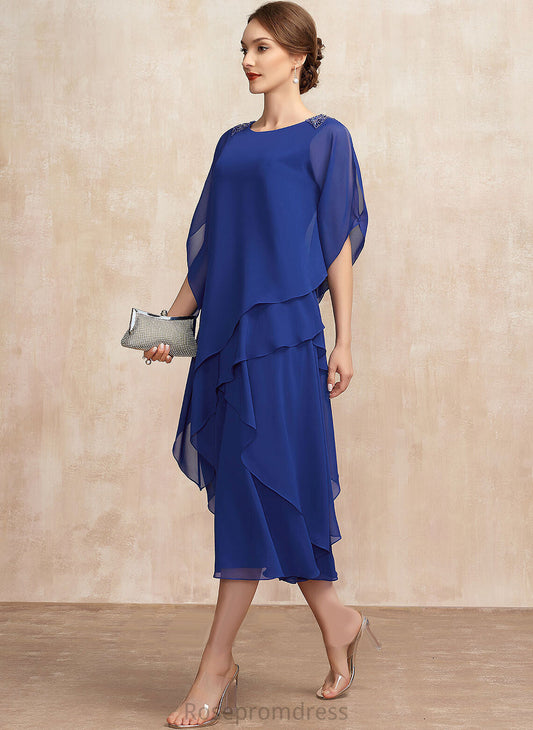 Chiffon Cocktail Dress Scoop Cocktail Dresses With Violet Beading Sequins Tea-Length Cascading Ruffles Neck A-Line