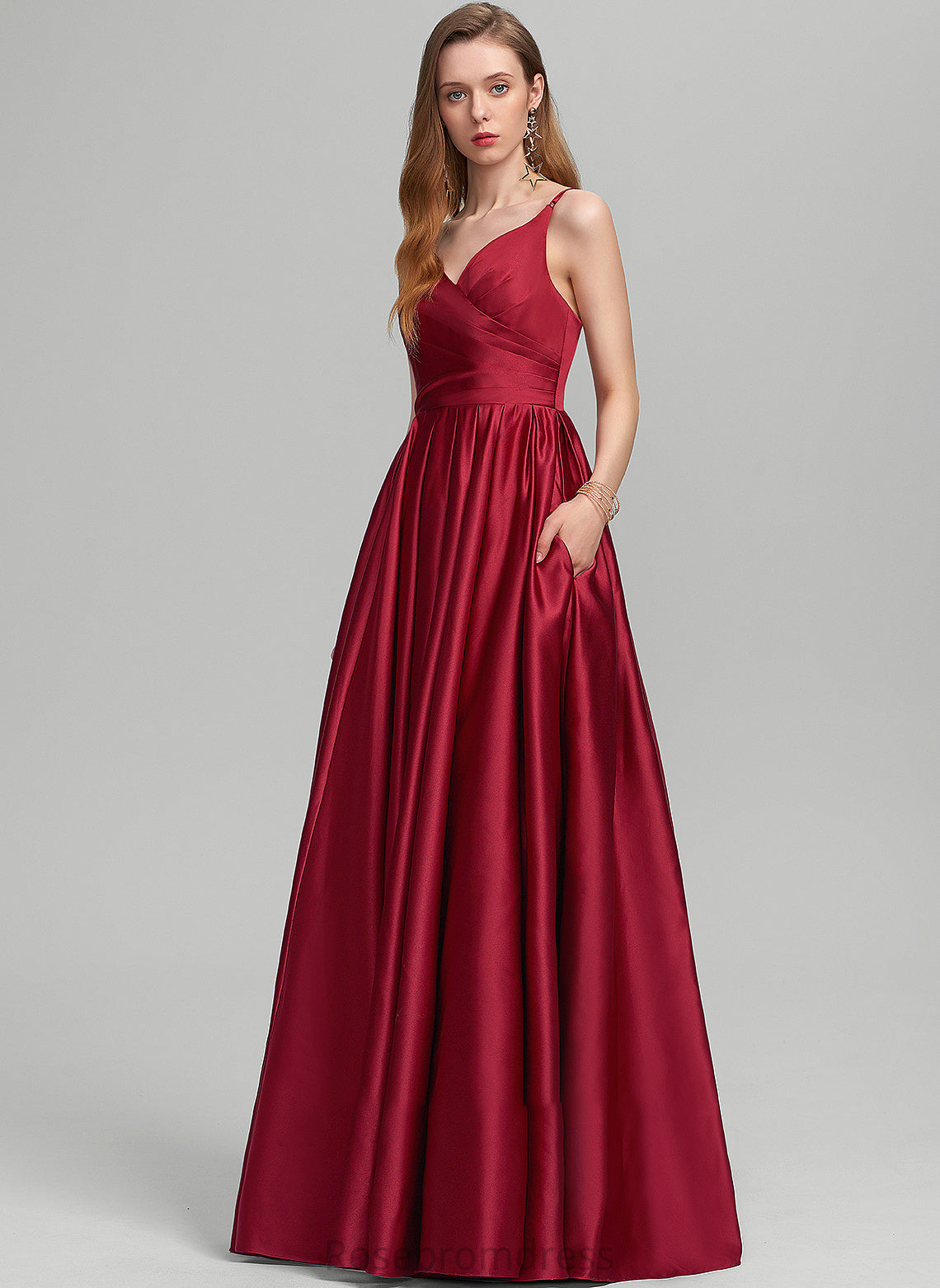 Satin Floor-Length Pockets Prom Dresses A-Line With Mckinley Ruffle V-neck