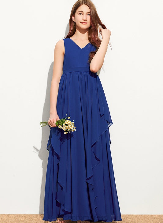 A-Line Cascading With Ruffles V-neck Martina Chiffon Junior Bridesmaid Dresses Floor-Length