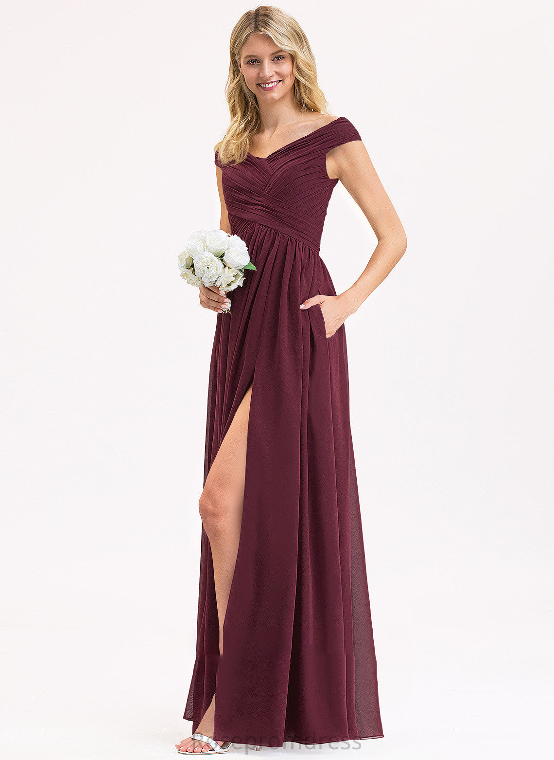 Neckline Off-the-Shoulder Silhouette Fabric Pockets Embellishment Length Floor-Length SplitFront A-Line Ruffle Sara Bridesmaid Dresses