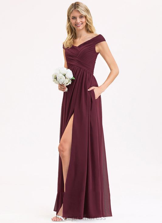 Neckline Off-the-Shoulder Silhouette Fabric Pockets Embellishment Length Floor-Length SplitFront A-Line Ruffle Sara Bridesmaid Dresses