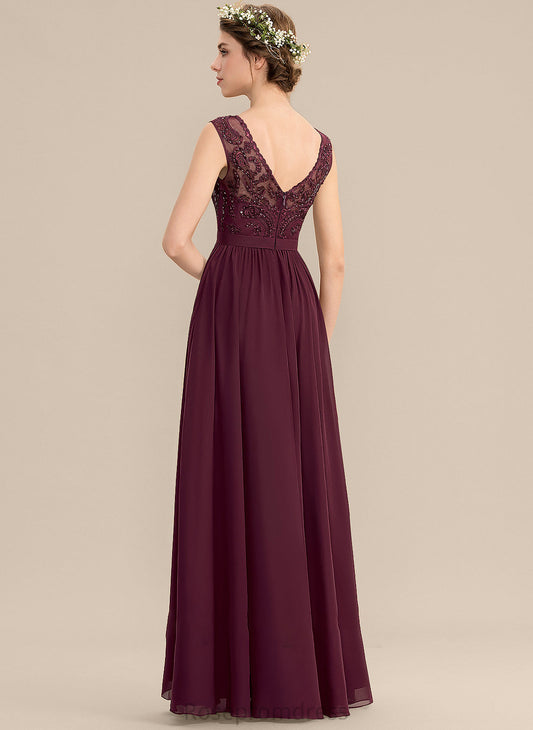A-Line Silhouette SplitFront Embellishment Length Sequins V-neck Pockets Neckline Beading Floor-Length Fabric Bridesmaid Dresses