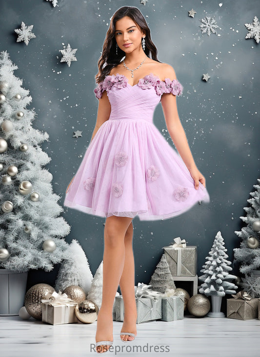 Aimee Ball-Gown/Princess Off the Shoulder Short Tulle Homecoming Dress With Pleated Flower DSP0025668