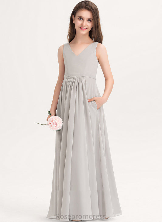 Floor-Length V-neck Roselyn Chiffon Pockets With A-Line Junior Bridesmaid Dresses
