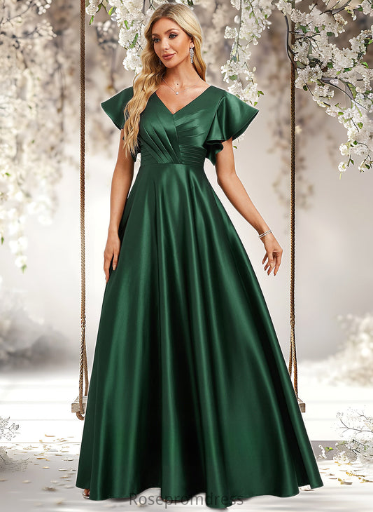 Eliza A-line V-Neck Floor-Length Satin Bridesmaid Dress With Ruffle DSP0025777