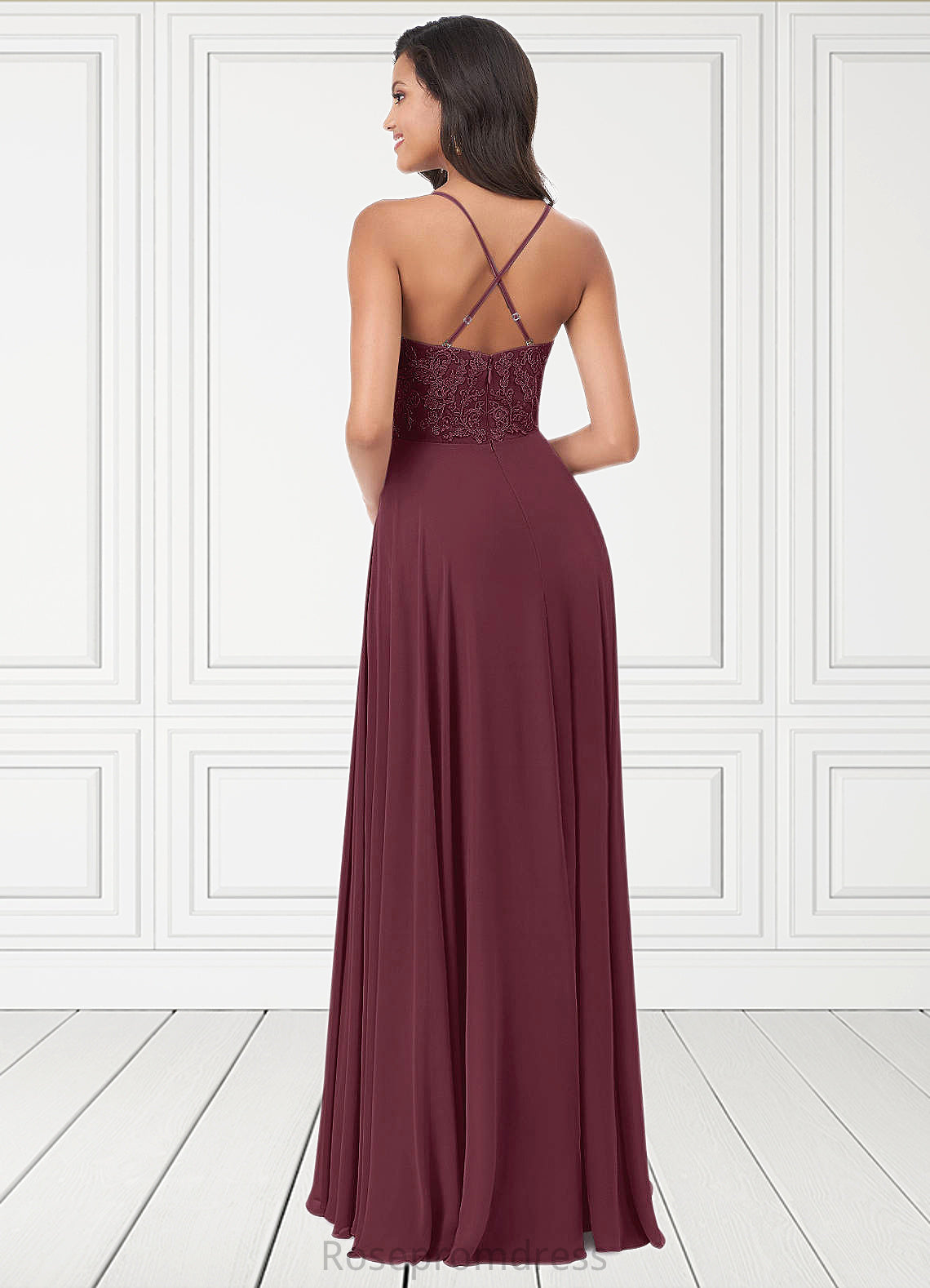 Bridget A-Line Lace Chiffon Floor-Length Dress SRSP0019641