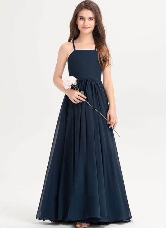 Floor-Length With Bow(s) Square Renee Junior Bridesmaid Dresses Chiffon A-Line Neckline