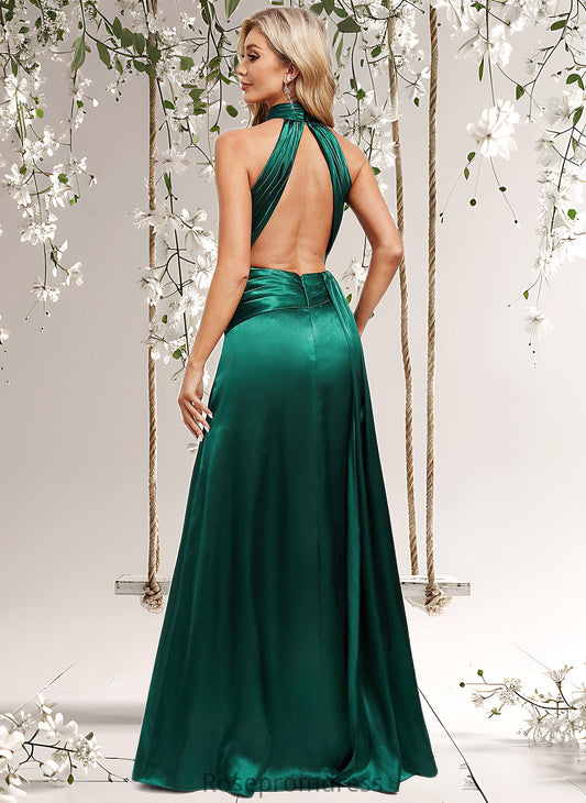 Meg A-line Halter Floor-Length Stretch Satin Bridesmaid Dress With Ruffle DSP0025817