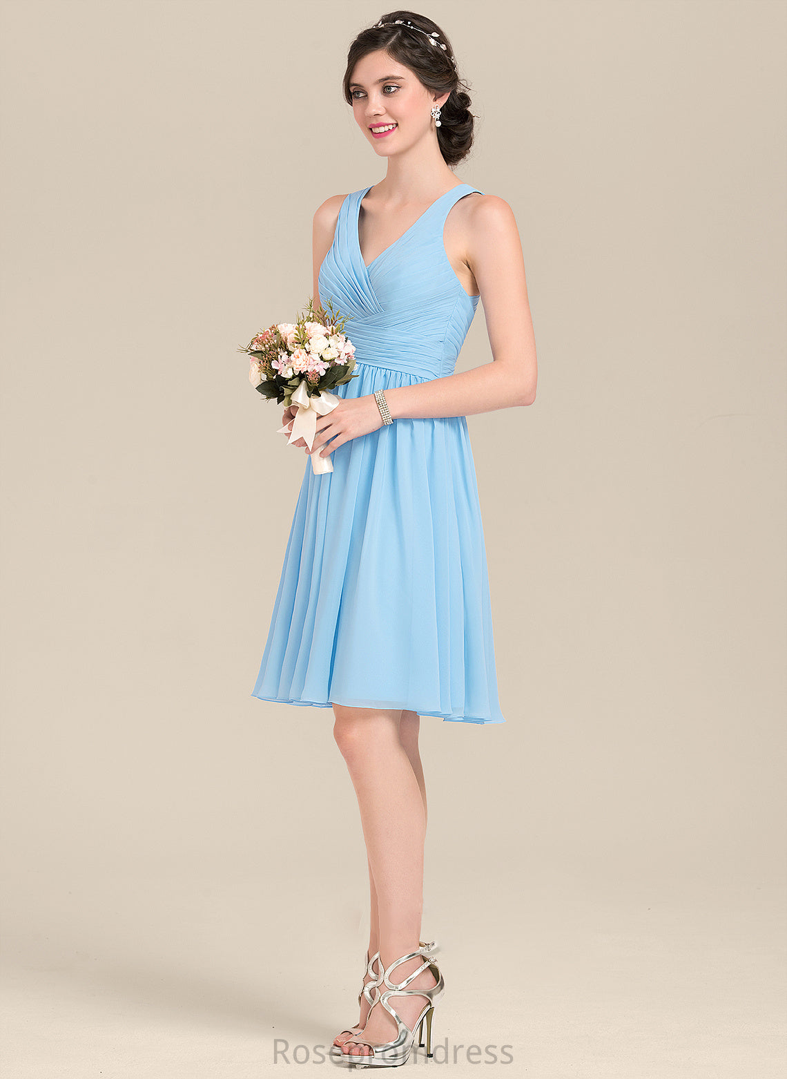 Neckline Length Fabric A-Line Silhouette Embellishment Knee-Length Ruffle V-neck Marin Bridesmaid Dresses