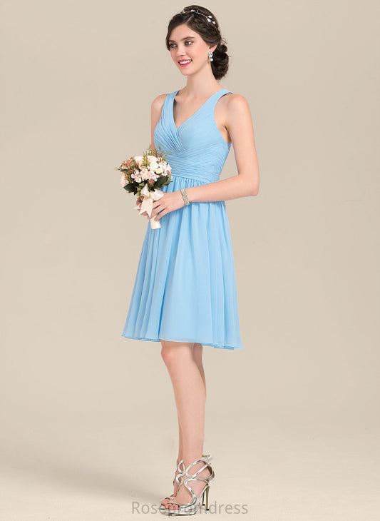 Neckline Length Fabric A-Line Silhouette Embellishment Knee-Length Ruffle V-neck Marin Bridesmaid Dresses