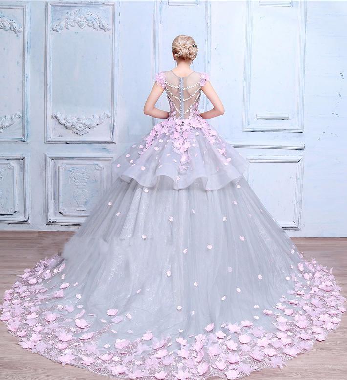 Scoop Ball Gown Gray Tulle Sleeveless Bowknot Empire Waist Wedding Dress with Pink Flowers RS576